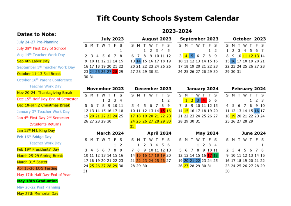 2023 2024 Calendar Approved By Board Of Education Tift County High School