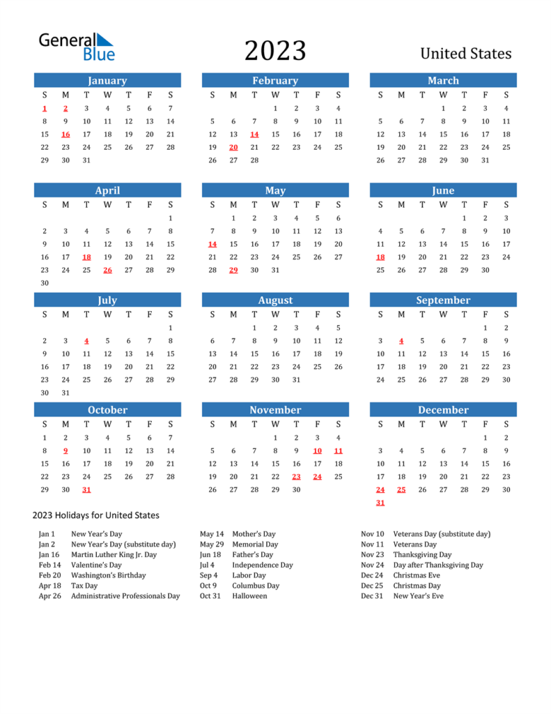 2023 United States Calendar With Holidays