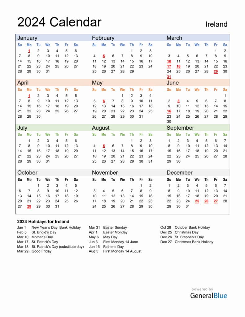 Annual Calendar 2024 With Ireland Holidays