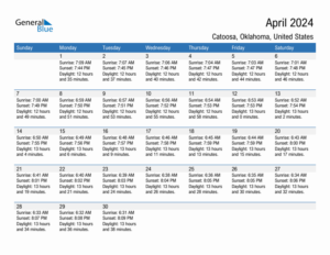 April 2024 Sunrise And Sunset Calendar For Catoosa PDF Excel Word