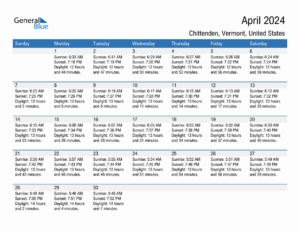 April 2024 Sunrise And Sunset Calendar For Chittenden PDF Excel Word