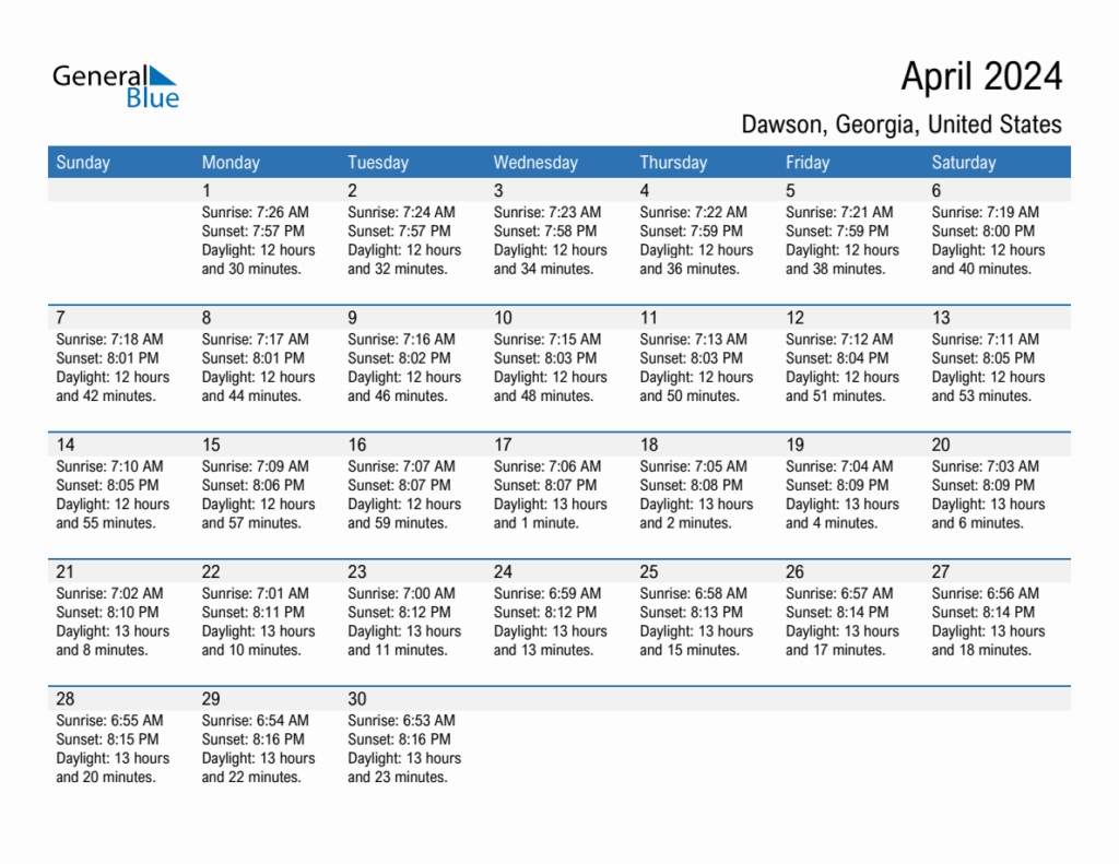 April 2024 Sunrise And Sunset Calendar For Dawson PDF Excel Word