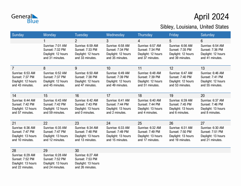 April 2024 Sunrise And Sunset Calendar For Sibley PDF Excel Word 