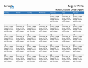 August 2024 Sunrise And Sunset Calendar For Thurston PDF Excel Word