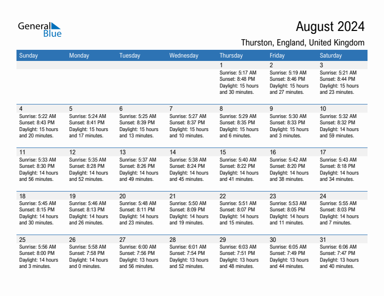 August 2024 Sunrise And Sunset Calendar For Thurston PDF Excel Word 