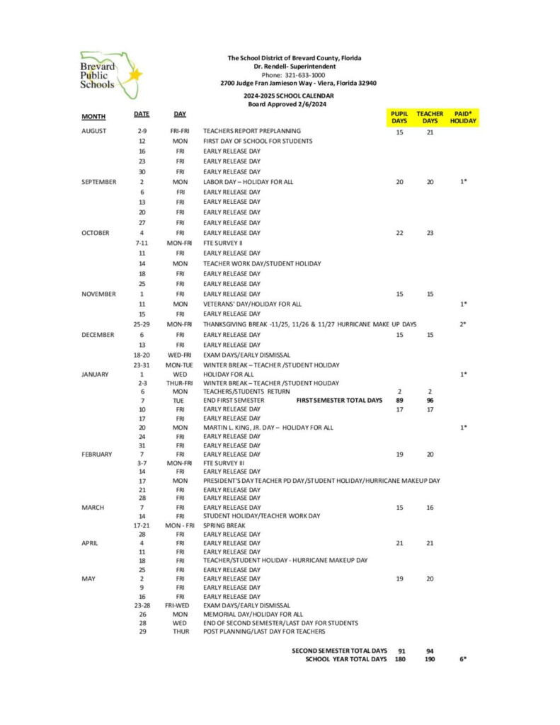 Brevard Public Schools Calendar Holidays 2024 2025 PDF