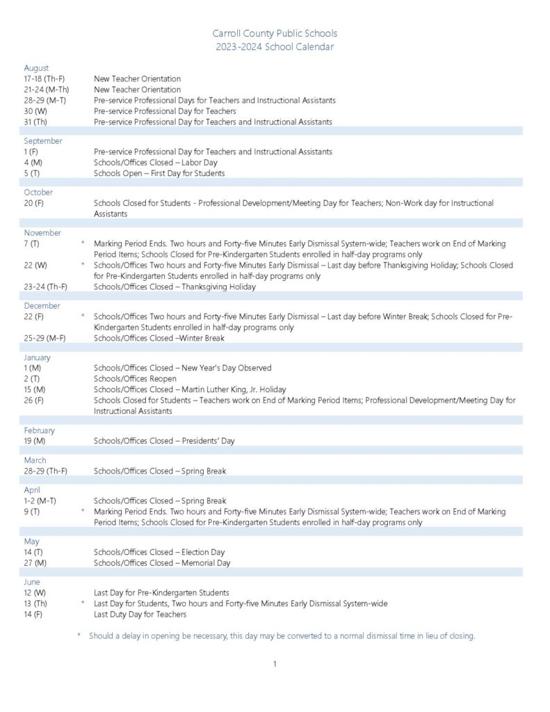 Carroll County Public Schools Calendar 2024 2025 In PDF