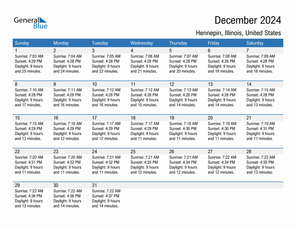 December 2024 Sunrise And Sunset Calendar For Hennepin PDF Excel Word 