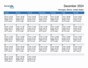 December 2024 Sunrise And Sunset Calendar For Hennepin PDF Excel Word