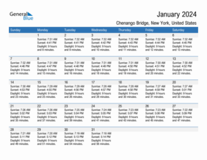 January 2024 Sunrise And Sunset Calendar For Chenango Bridge PDF