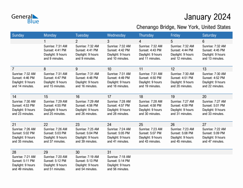 January 2024 Sunrise And Sunset Calendar For Chenango Bridge PDF 