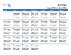 July 2024 Sunrise And Sunset Calendar For Allegan PDF Excel Word