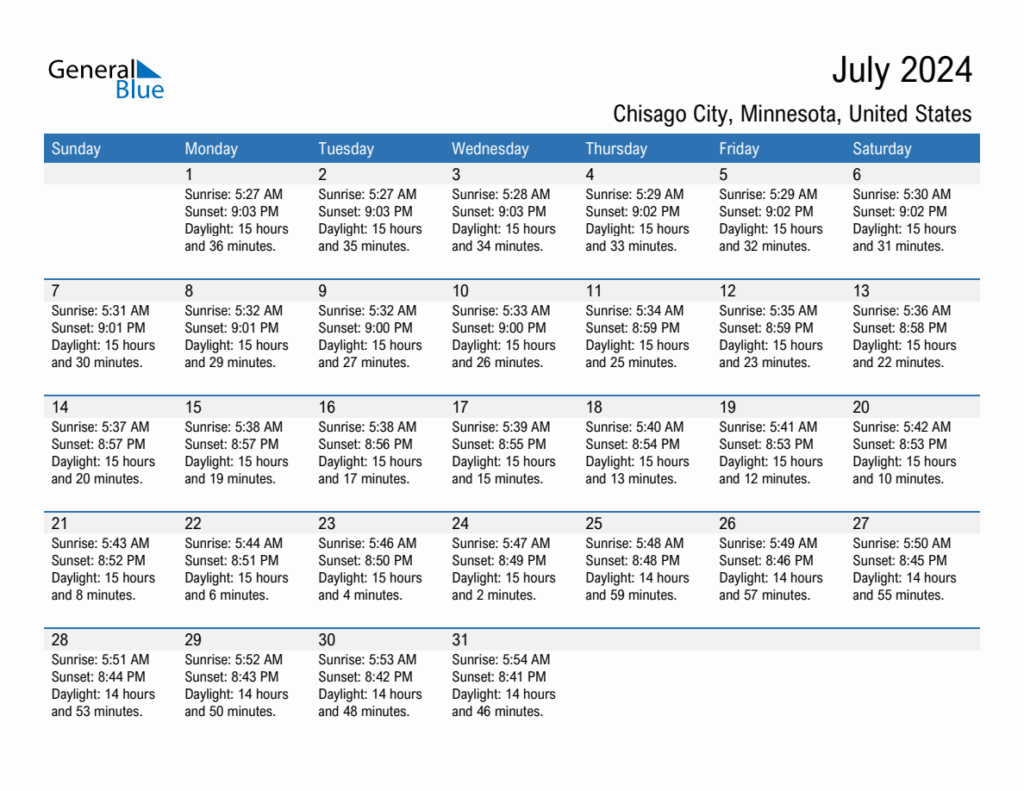 July 2024 Sunrise And Sunset Calendar For Chisago City PDF Excel Word 