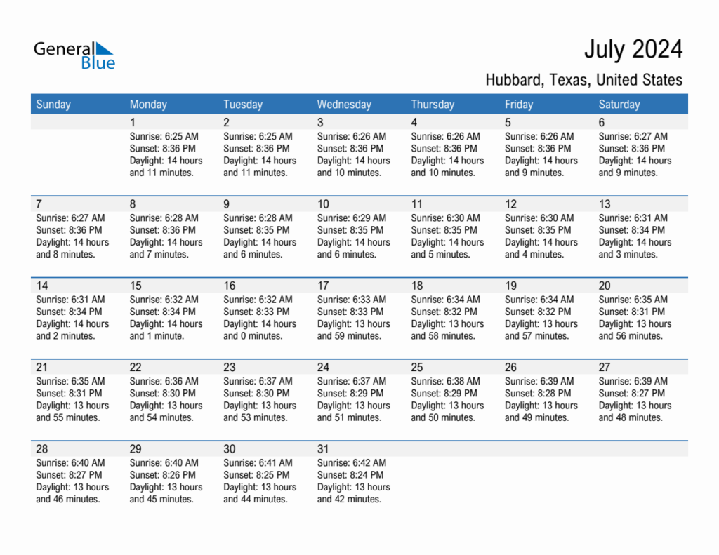 July 2024 Sunrise And Sunset Calendar For Hubbard PDF Excel Word 