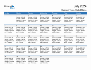 July 2024 Sunrise And Sunset Calendar For Hubbard PDF Excel Word