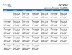 July 2024 Sunrise And Sunset Calendar For Mahnomen PDF Excel Word