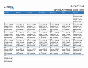 June 2024 Sunrise And Sunset Calendar For Bernalillo PDF Excel Word