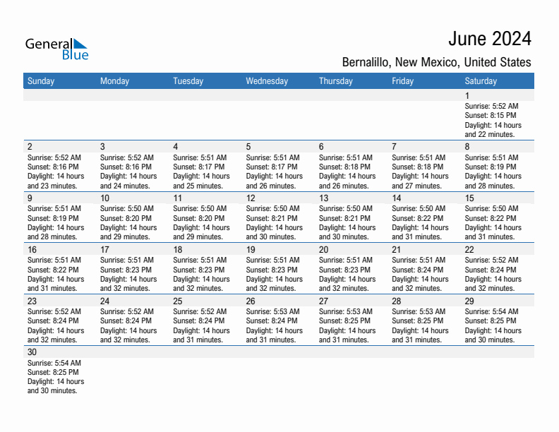 June 2024 Sunrise And Sunset Calendar For Bernalillo PDF Excel Word 