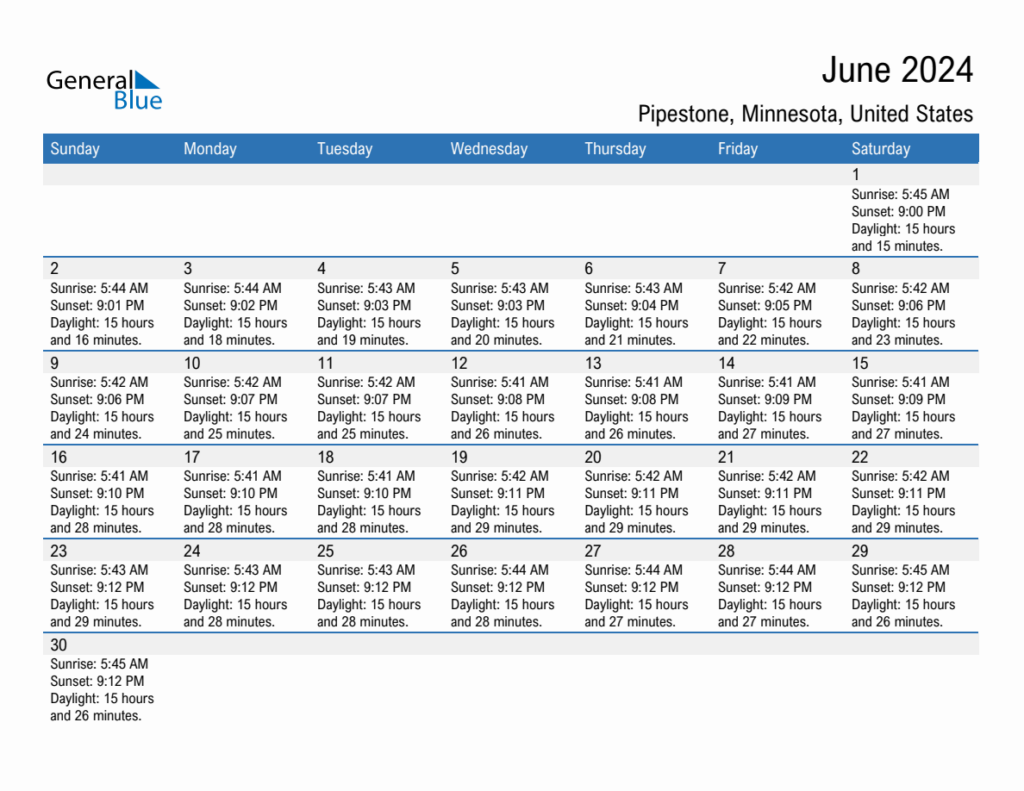 June 2024 Sunrise And Sunset Calendar For Pipestone PDF Excel Word 