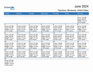 June 2024 Sunrise And Sunset Calendar For Pipestone PDF Excel Word