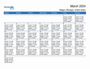 March 2024 Sunrise And Sunset Calendar For Allegan PDF Excel Word