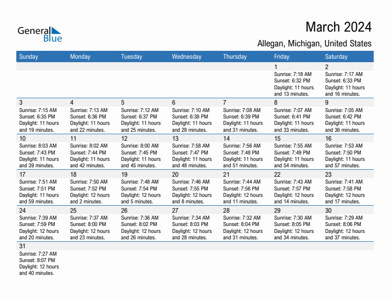 March 2024 Sunrise And Sunset Calendar For Allegan PDF Excel Word 