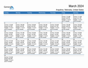 March 2024 Sunrise And Sunset Calendar For Arapahoe PDF Excel Word