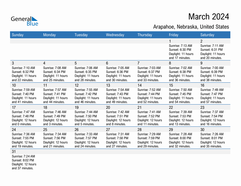 March 2024 Sunrise And Sunset Calendar For Arapahoe PDF Excel Word 