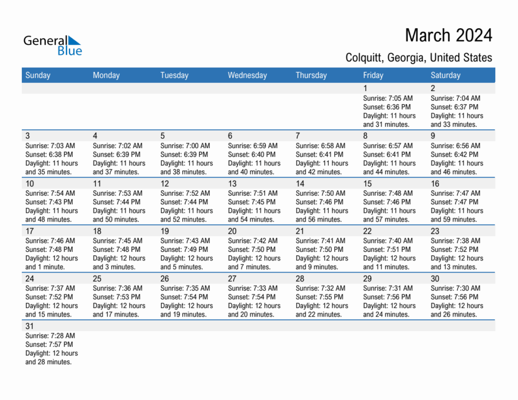 March 2024 Sunrise And Sunset Calendar For Colquitt PDF Excel Word