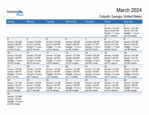 March 2024 Sunrise And Sunset Calendar For Colquitt PDF Excel Word