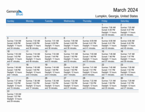 March 2024 Sunrise And Sunset Calendar For Lumpkin PDF Excel Word