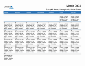 March 2024 Sunrise And Sunset Calendar For Schuylkill Haven PDF Excel