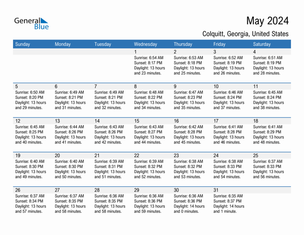 May 2024 Sunrise And Sunset Calendar For Colquitt PDF Excel Word 