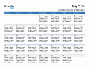 May 2024 Sunrise And Sunset Calendar For Lumpkin PDF Excel Word