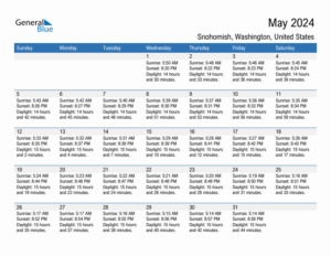 May 2024 Sunrise And Sunset Calendar For Snohomish PDF Excel Word