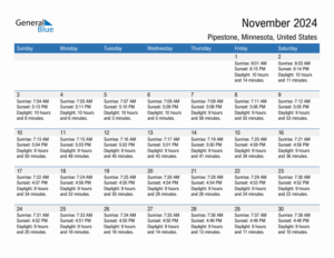 November 2024 Sunrise And Sunset Calendar For Pipestone PDF Excel Word