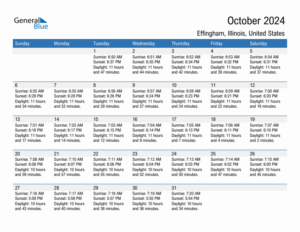 October 2024 Sunrise And Sunset Calendar For Effingham PDF Excel Word