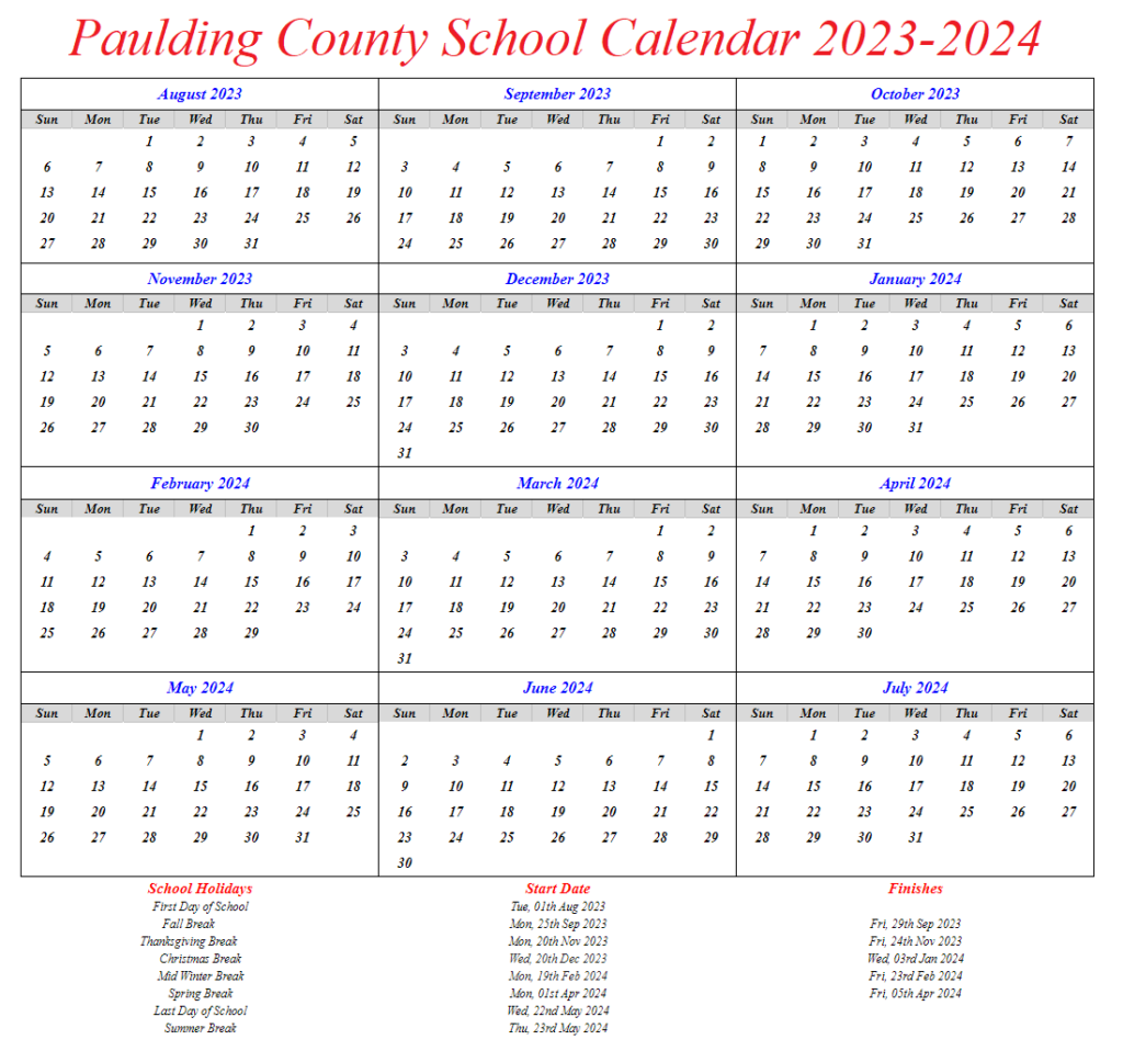 Paulding County School Calendar 2023 2024 With Holidays