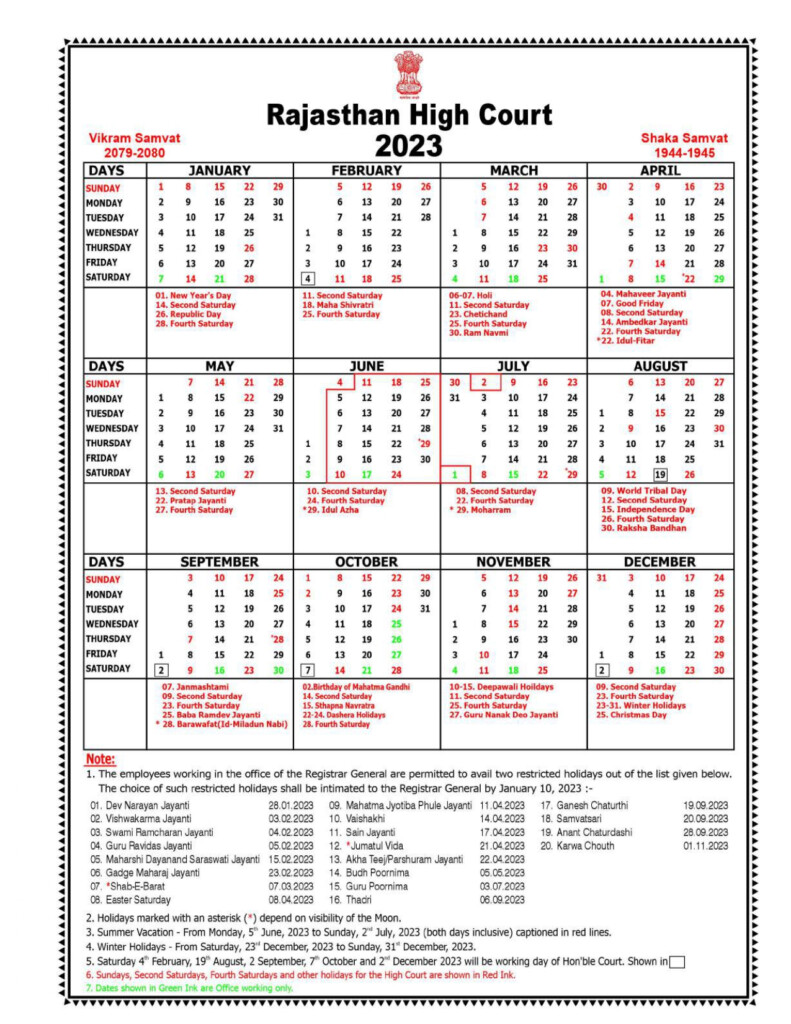 Rajasthan High Court Holiday 2023 2023