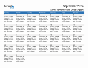 September 2024 Sunrise And Sunset Calendar For Antrim PDF Excel Word