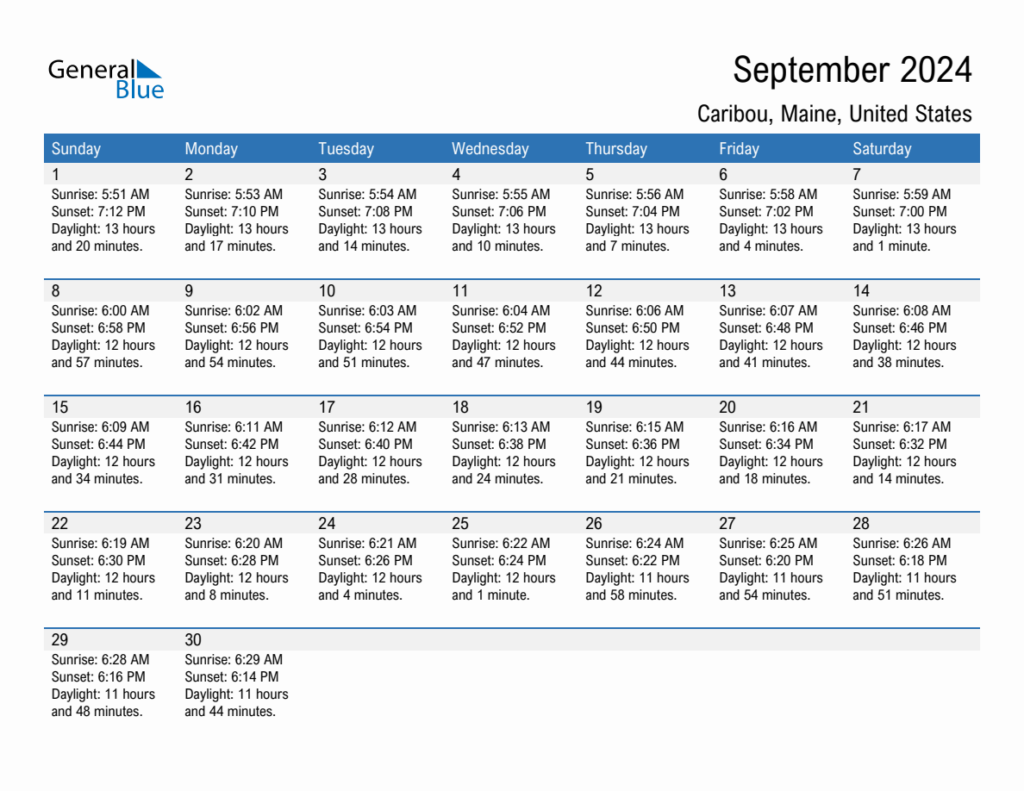 September 2024 Sunrise And Sunset Calendar For Caribou PDF Excel Word