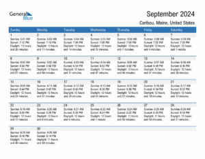 September 2024 Sunrise And Sunset Calendar For Caribou PDF Excel Word