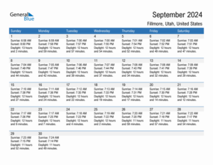 September 2024 Sunrise And Sunset Calendar For Fillmore PDF Excel Word