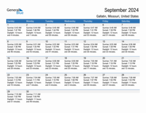 September 2024 Sunrise And Sunset Calendar For Gallatin PDF Excel Word