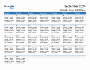 September 2024 Sunrise And Sunset Calendar For Rockdale PDF Excel Word