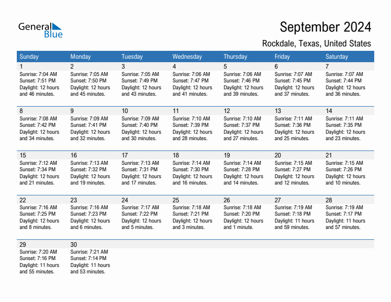 September 2024 Sunrise And Sunset Calendar For Rockdale PDF Excel Word 