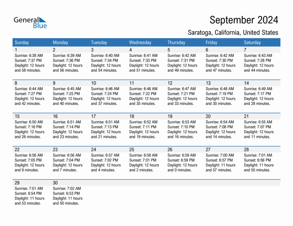 September 2024 Sunrise And Sunset Calendar For Saratoga PDF Excel Word