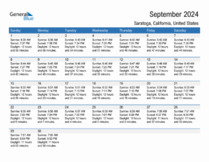 September 2024 Sunrise And Sunset Calendar For Saratoga PDF Excel Word