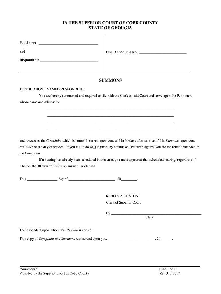 Summons Cobb Superior Court 2017 2024 Form Fill Out And Sign 