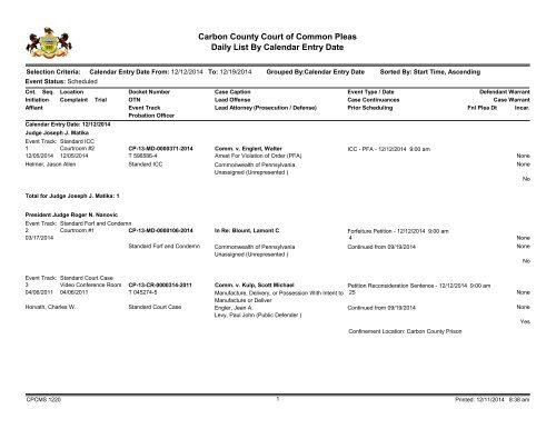 Weekly Criminal Calendar Carbon County Courts